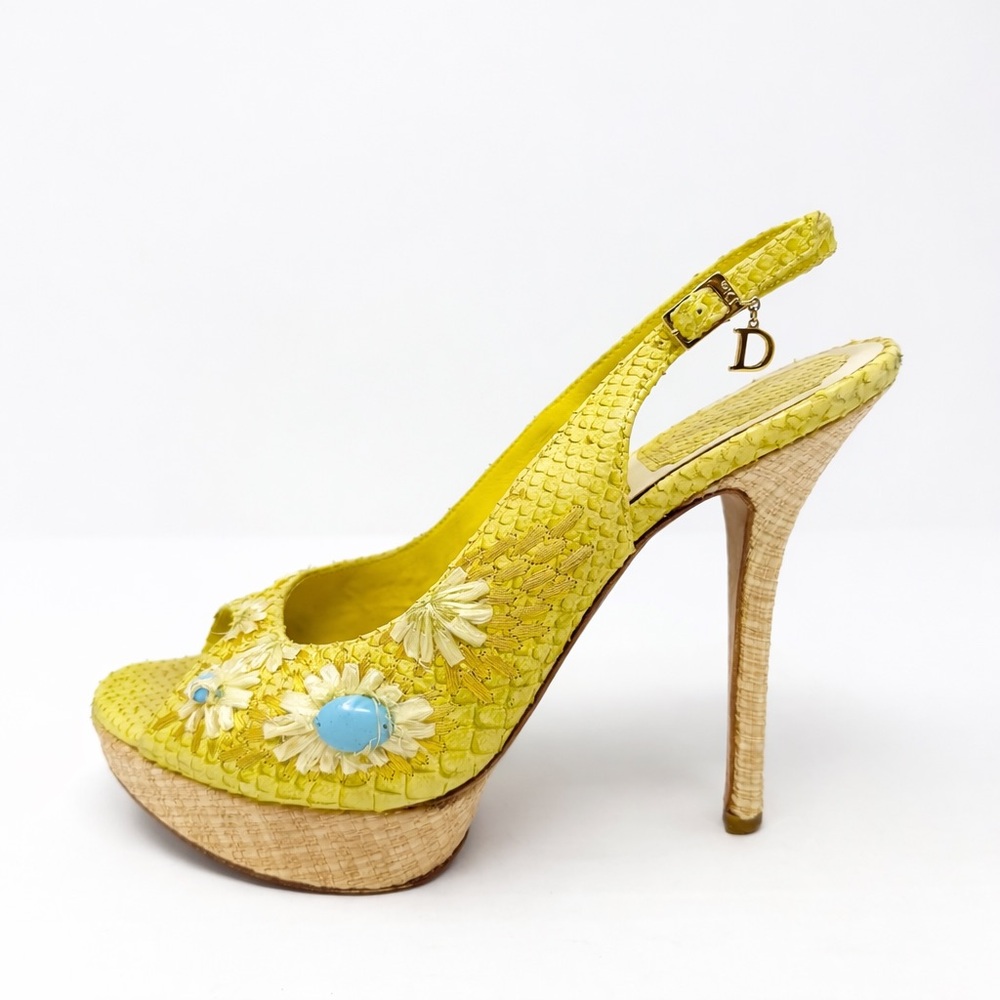 Dior Snakeskin Floral Slingback Platform Heels Womens Size EU 38.5